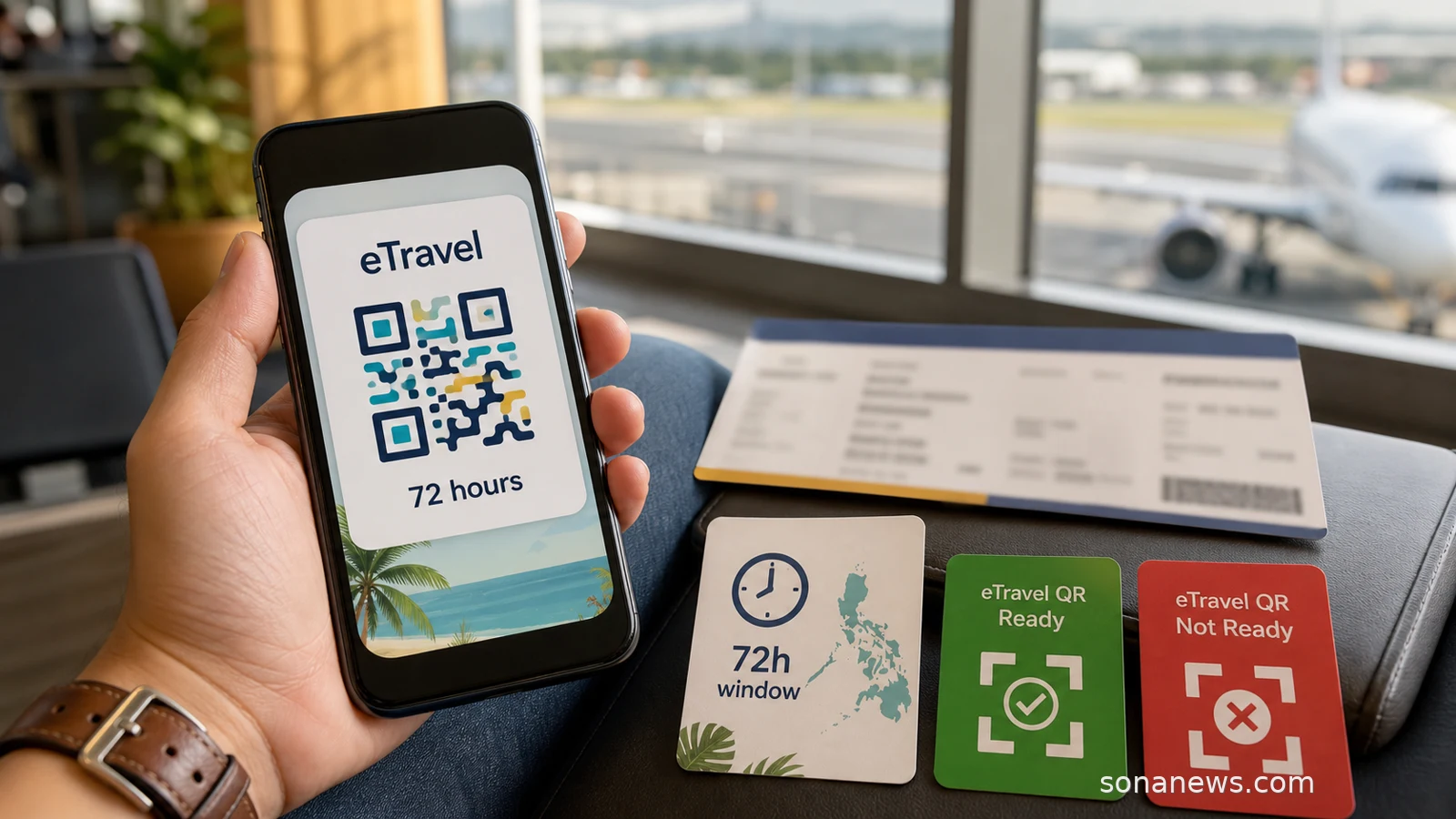 Airport gate phone showing a stylised Philippines eTravel QR card, 72-hour countdown and boarding papers.