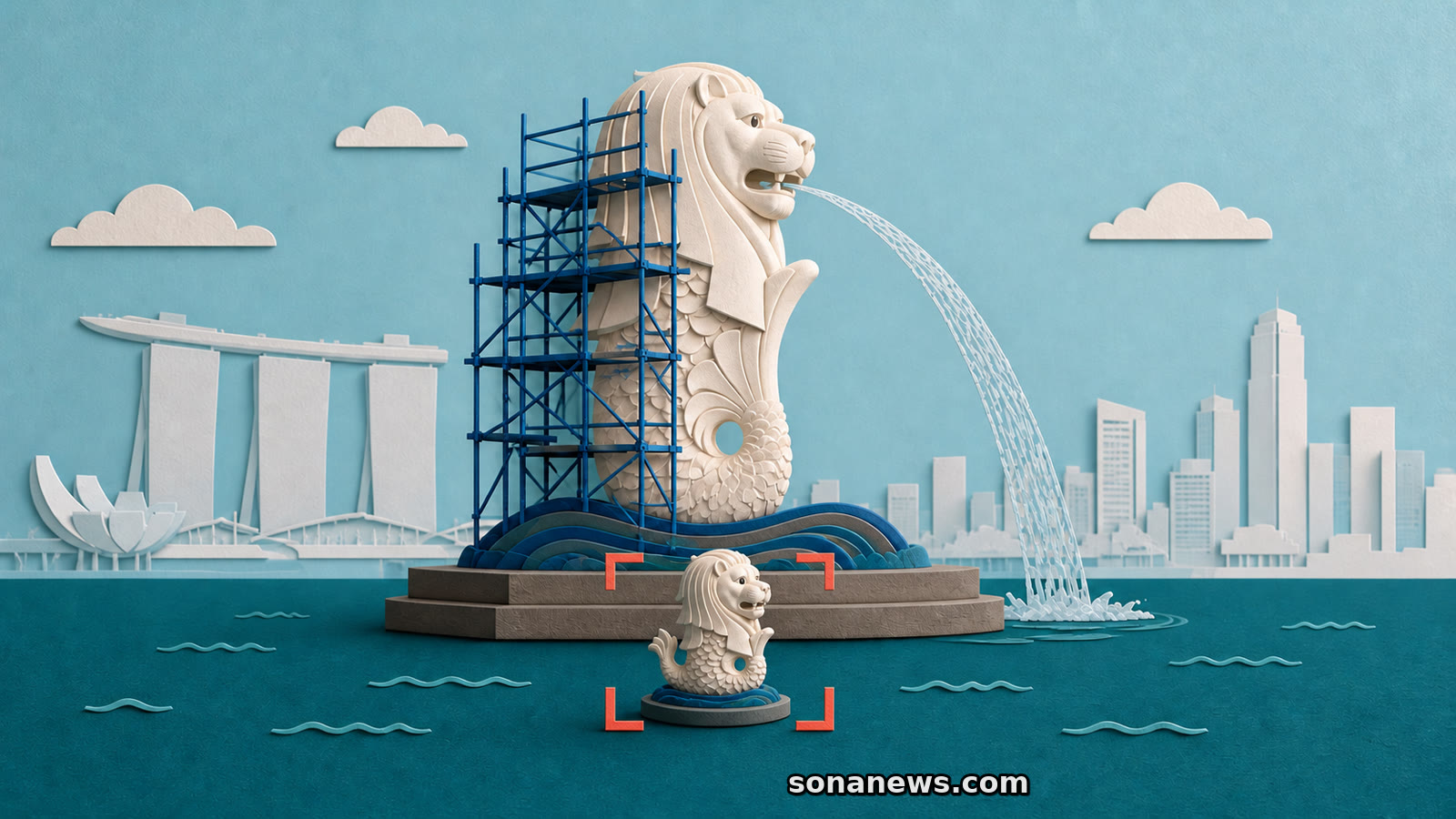 Illustrated Merlion cub framed by a camera while the larger Singapore statue stands partly behind blue scaffolding.
