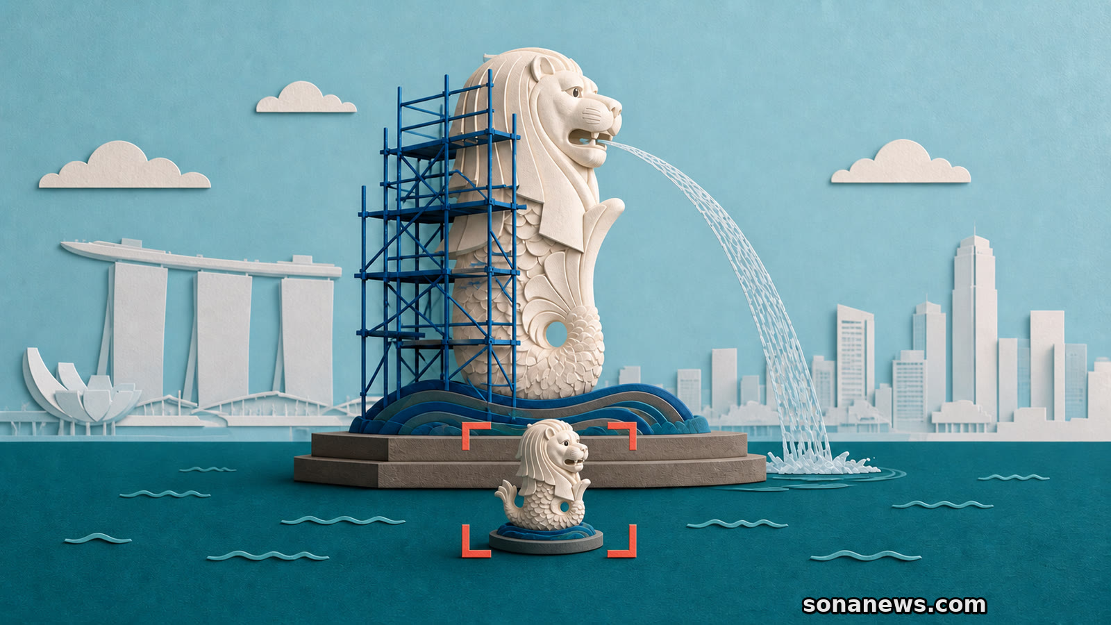 Illustrated Merlion cub framed by a camera while the larger Singapore statue stands partly behind blue scaffolding.