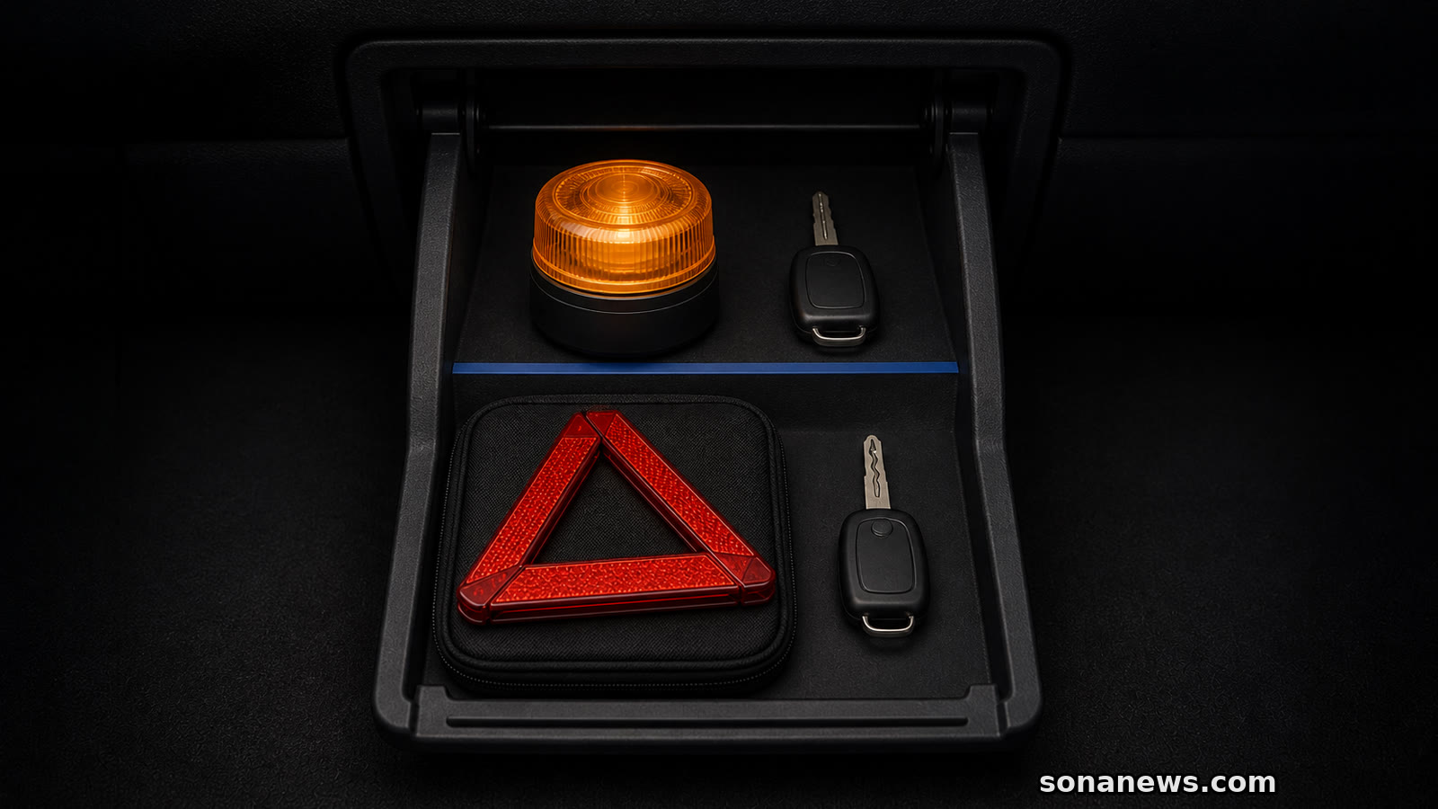 Amber V16-style beacon and warning triangle sit beside two car keys in a divided glovebox organiser.