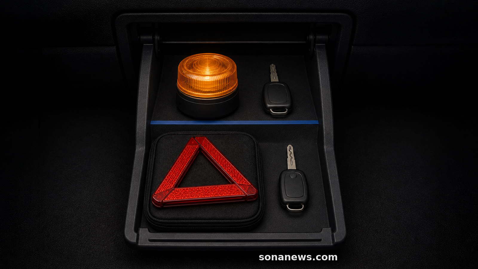 Amber V16-style beacon and warning triangle sit beside two car keys in a divided glovebox organiser.
