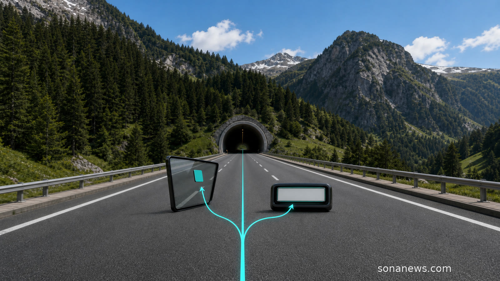 Swiss motorway vignette choice shown by a windscreen sticker and blank number plate beside an Alpine tunnel.