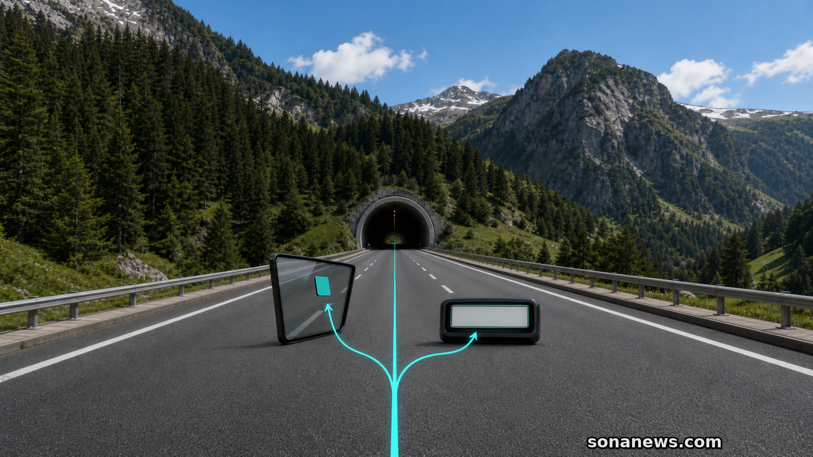 Swiss motorway vignette choice shown by a windscreen sticker and blank number plate beside an Alpine tunnel.