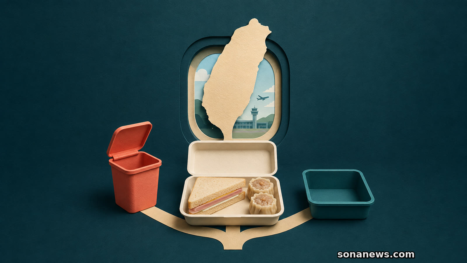 Paper-cut Taiwan airport scene with a ham sandwich, dumplings, disposal bin and inspection tray.