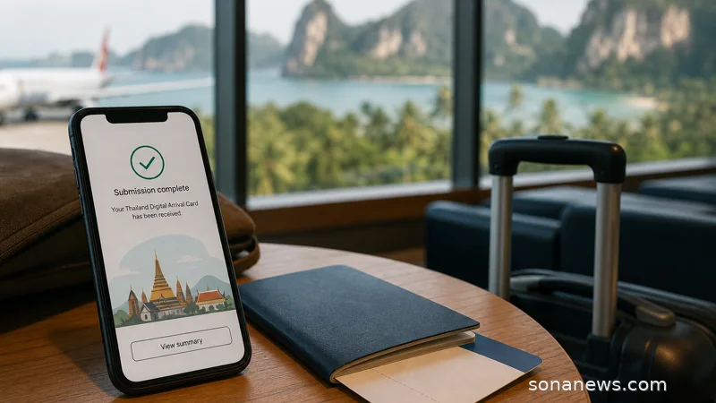 Smartphone arrival form beside a passport and carry-on in an airport lounge for a Thailand TDAC trip.