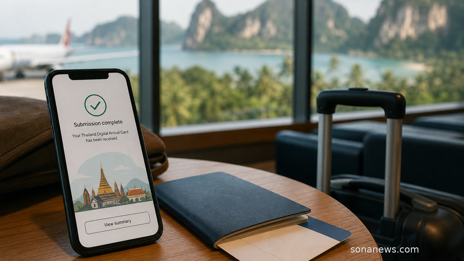 Smartphone arrival form beside a passport and carry-on in an airport lounge for a Thailand TDAC trip.