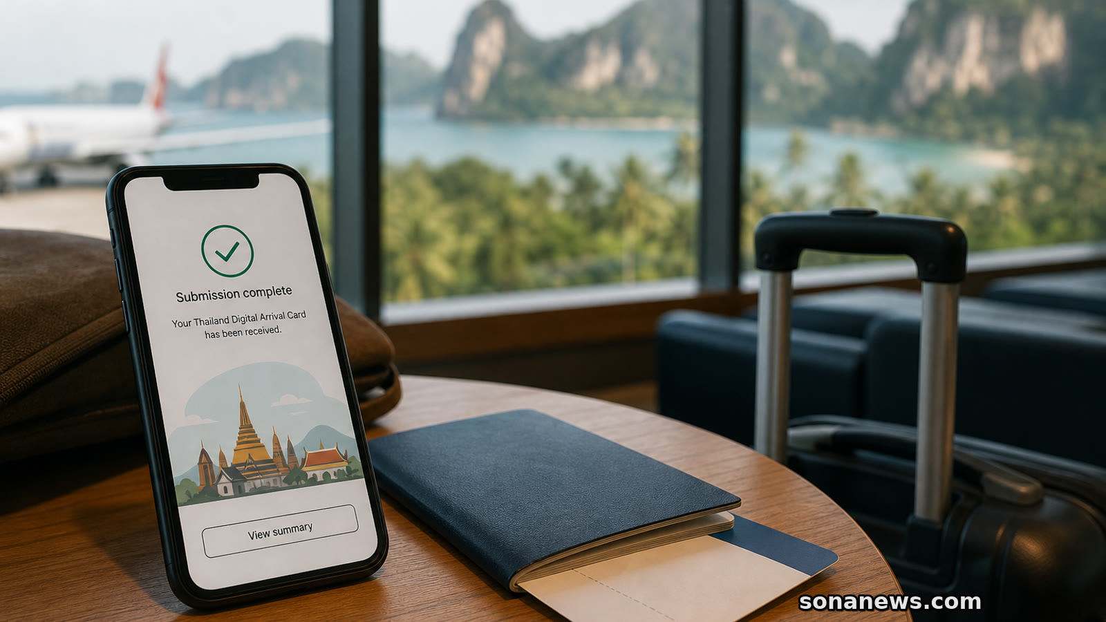 Smartphone arrival form beside a passport and carry-on in an airport lounge for a Thailand TDAC trip.