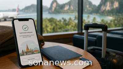 Smartphone arrival form beside a passport and carry-on in an airport lounge for a Thailand TDAC trip.