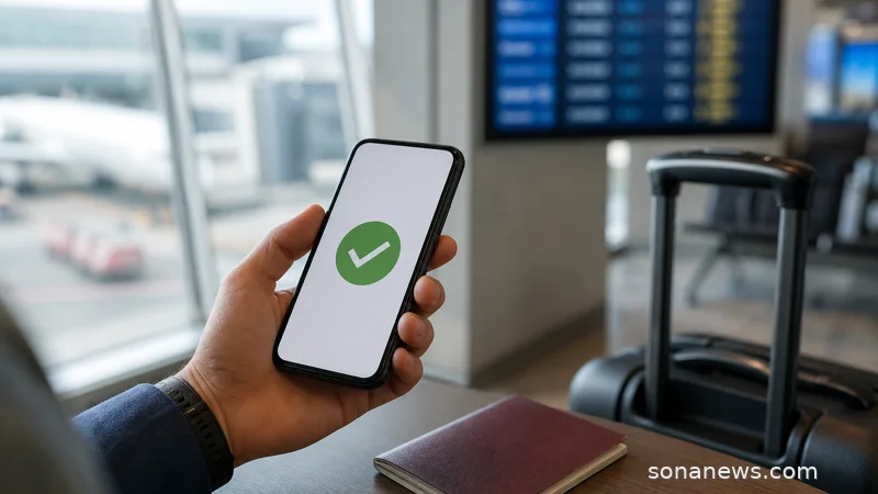 Smartphone approval screen beside a passport and carry-on at an airport gate for a UK ETA trip.