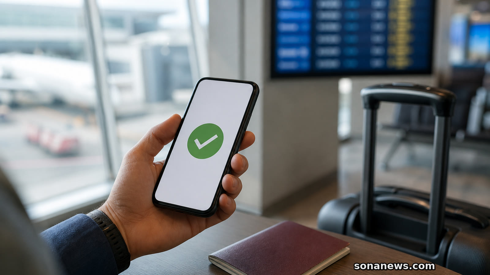 Smartphone approval screen beside a passport and carry-on at an airport gate for a UK ETA trip.