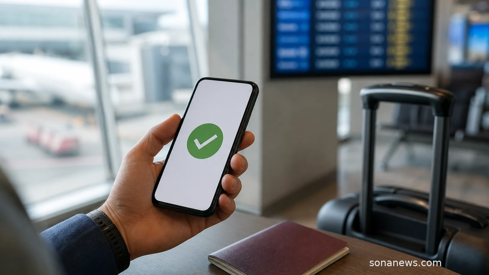 Smartphone approval screen beside a passport and carry-on at an airport gate for a UK ETA trip.
