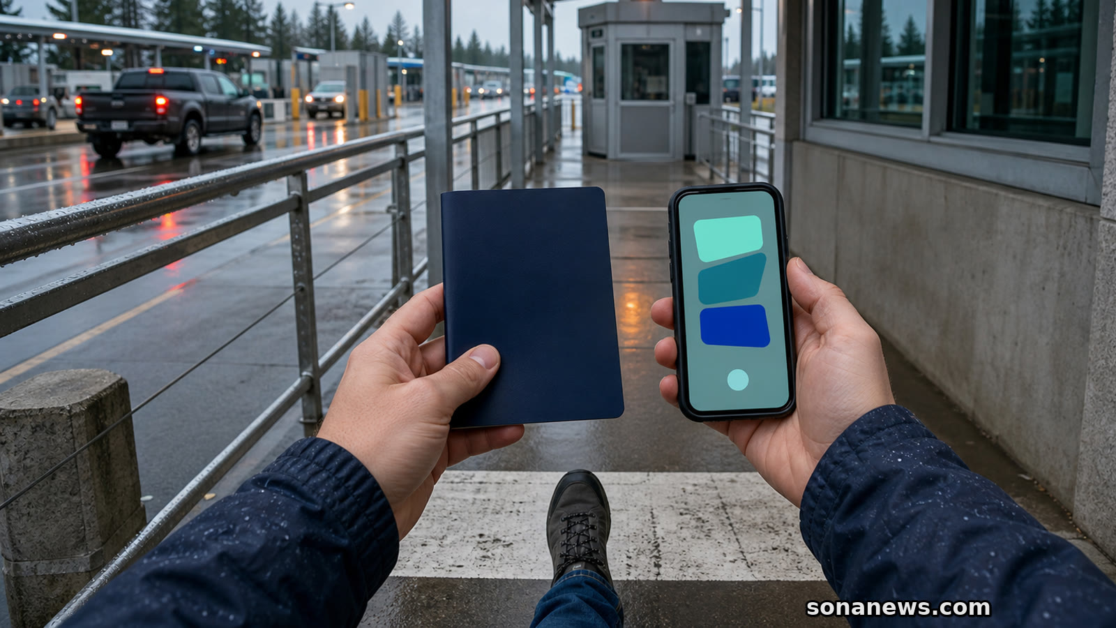 Pedestrian holds a blank passport booklet and abstract declaration screen at a covered U.S. land-border inspection lane.