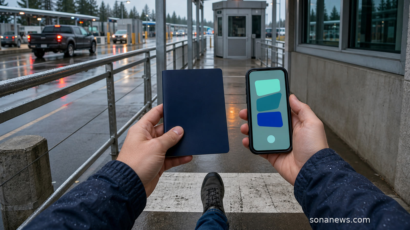 Pedestrian holds a blank passport booklet and abstract declaration screen at a covered U.S. land-border inspection lane.