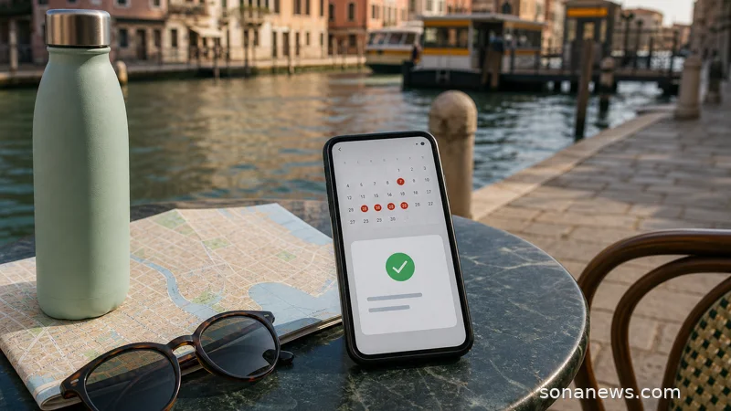 Smartphone calendar and city map on a cafe table for Venice access fee planning.