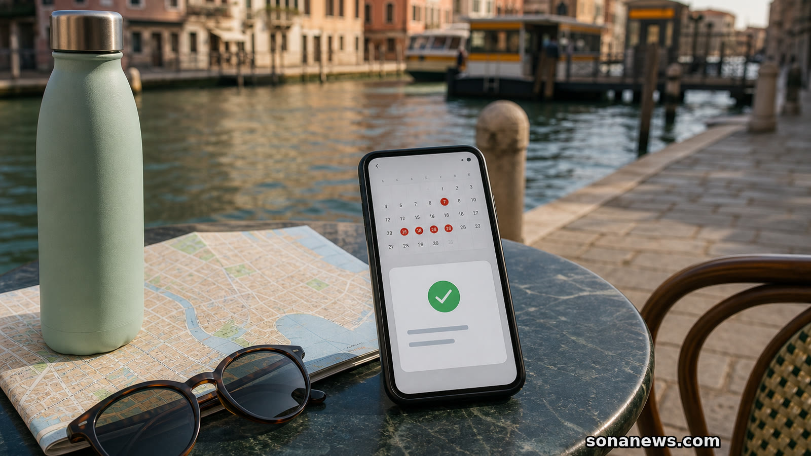 Smartphone calendar and city map on a cafe table for Venice access fee planning.