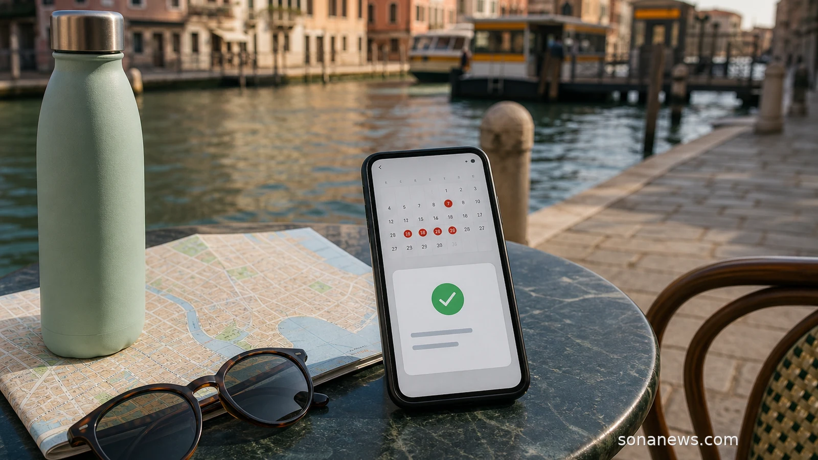 Smartphone calendar and city map on a cafe table for Venice access fee planning.