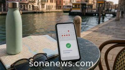 Smartphone calendar and city map on a cafe table for Venice access fee planning.