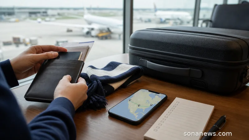 Airport lounge table with a suitcase, generic football scarf and phone map for World Cup travel planning.