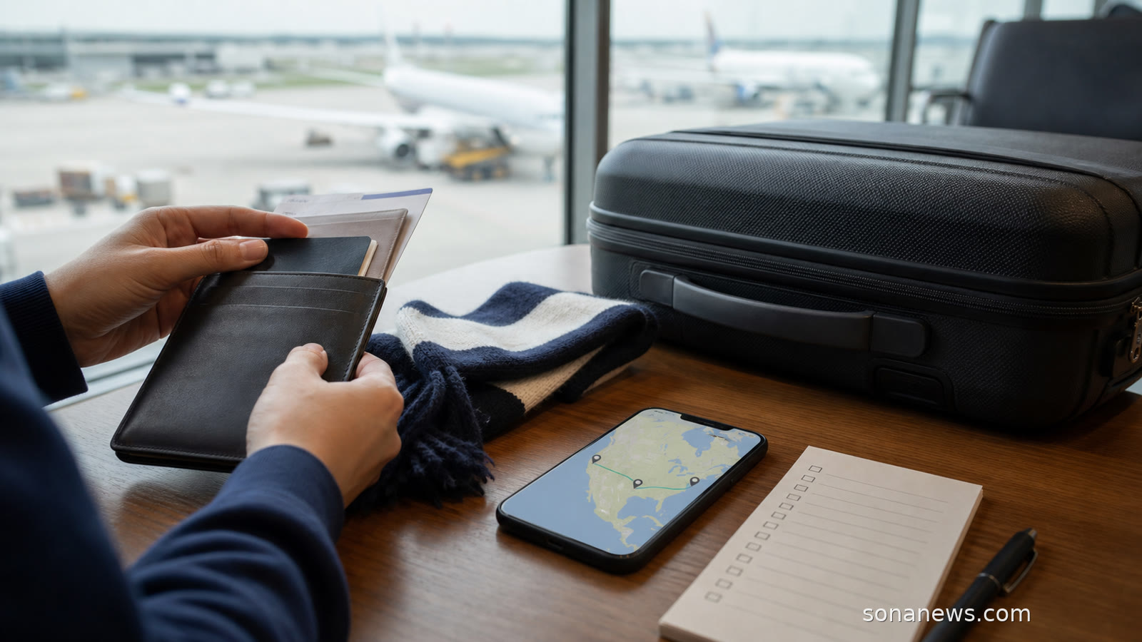 Airport lounge table with a suitcase, generic football scarf and phone map for World Cup travel planning.