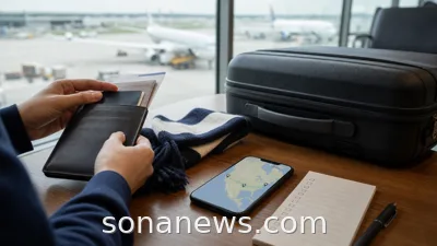 Airport lounge table with a suitcase, generic football scarf and phone map for World Cup travel planning.