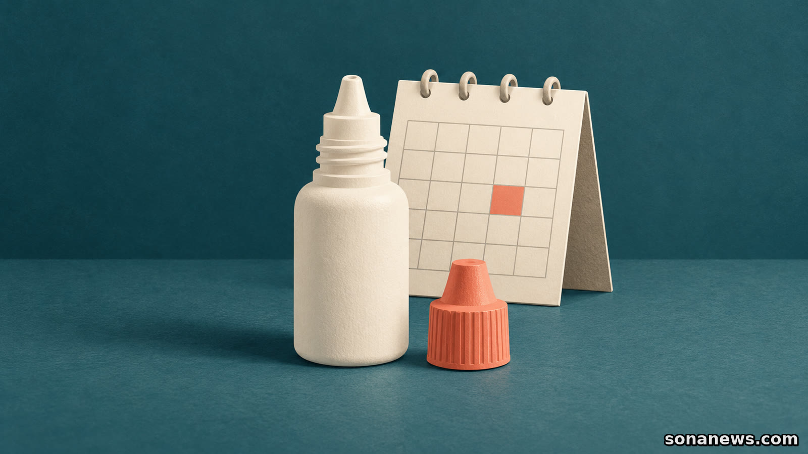 Ilustración de un frasco de colirio abierto, con tapón coral separado y un calendario sin fechas que representa el control de apertura.