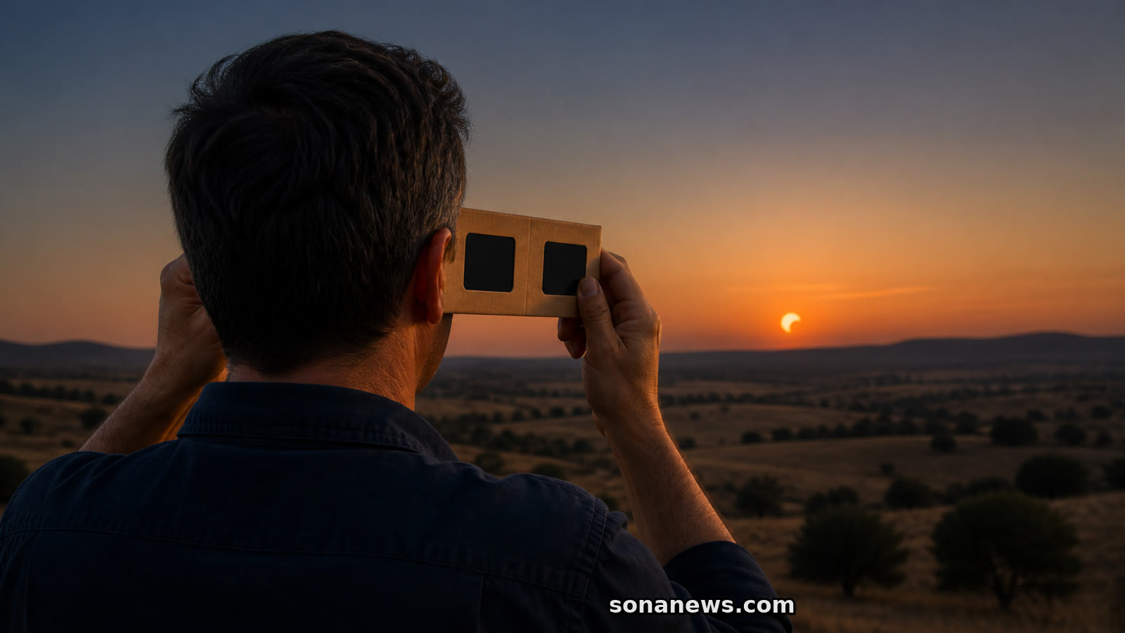 Persona usando un visor solar de cartón frente al eclipse parcial bajo del 12 de agosto en España.
