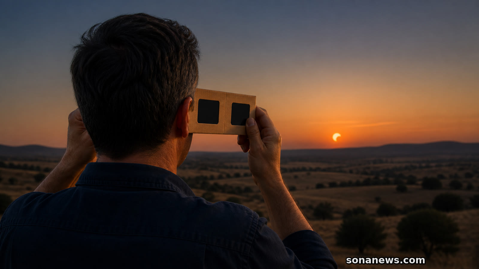 Persona usando un visor solar de cartón frente al eclipse parcial bajo del 12 de agosto en España.