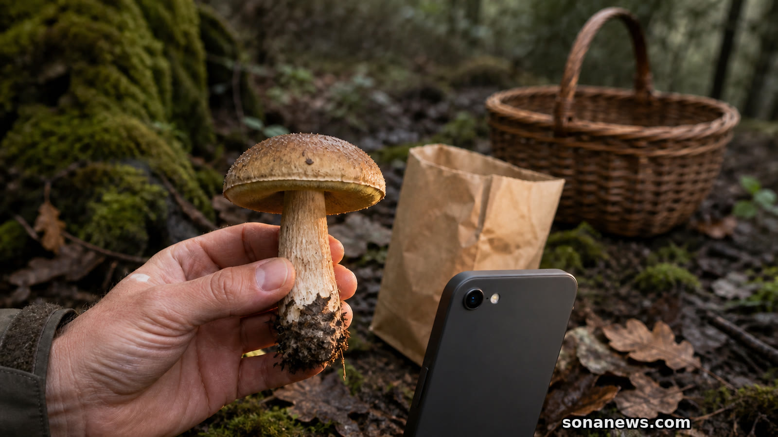 Mano sostiene una seta silvestre entera ante un móvil, separada de una bolsa de papel y una cesta.