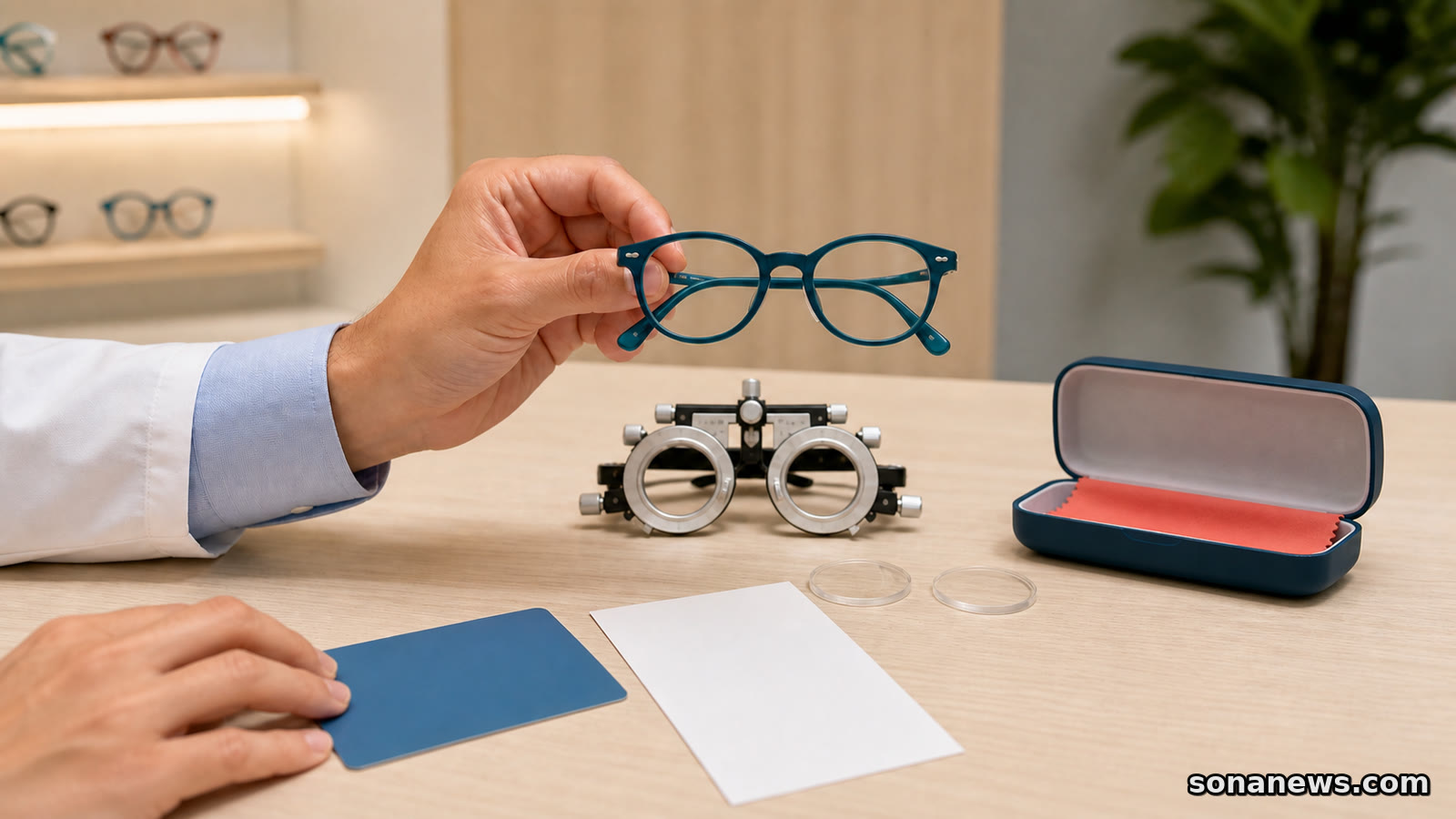 Óptico sostiene unas gafas infantiles sobre una montura de prueba, una tarjeta sanitaria y una receta en blanco.