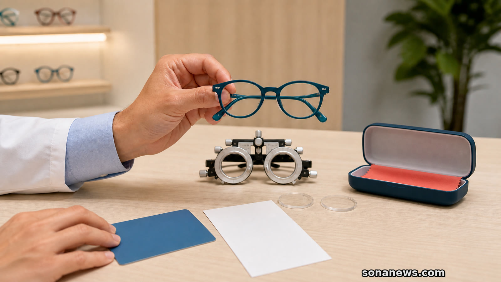 Óptico sostiene unas gafas infantiles sobre una montura de prueba, una tarjeta sanitaria y una receta en blanco.