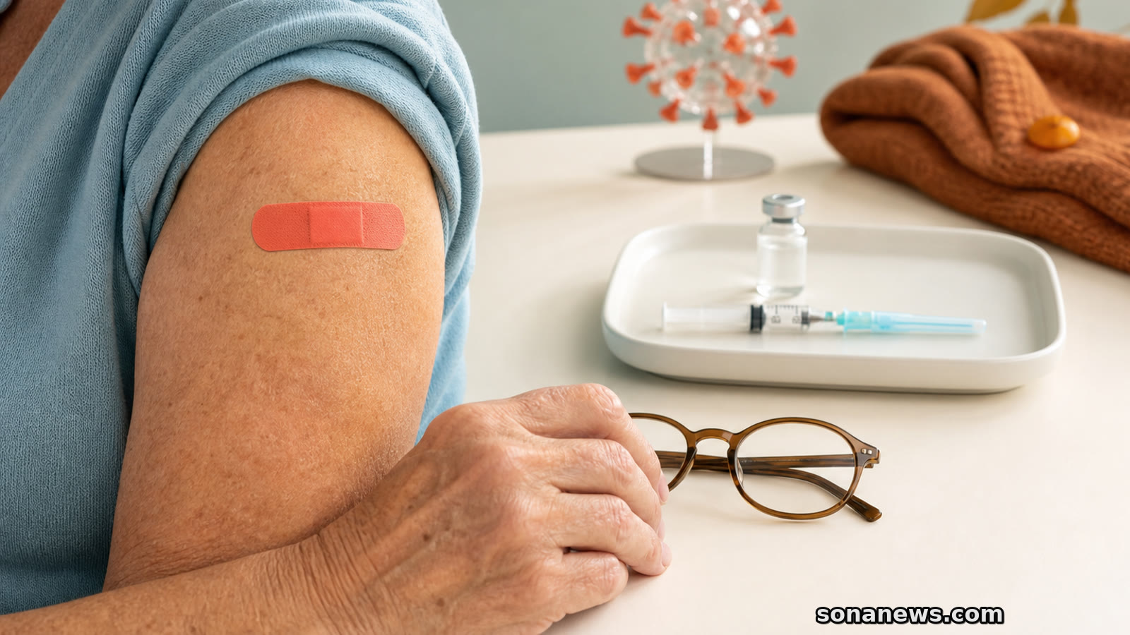 Brazo de una persona mayor con apósito de vacuna COVID, junto a una jeringa tapada y un modelo de coronavirus.