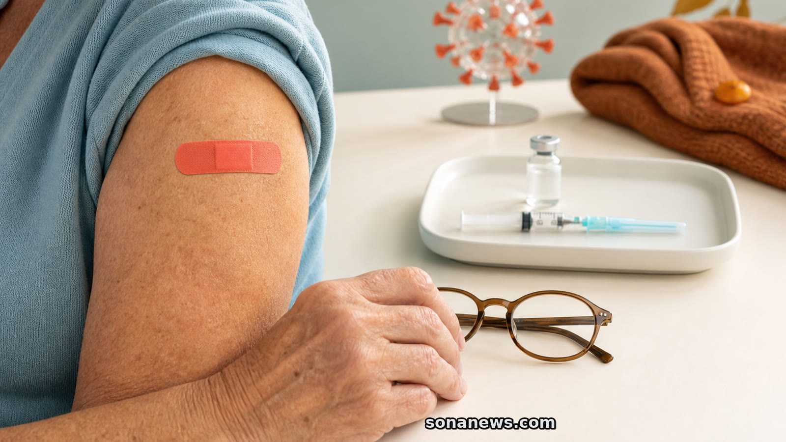 Brazo de una persona mayor con apósito de vacuna COVID, junto a una jeringa tapada y un modelo de coronavirus.