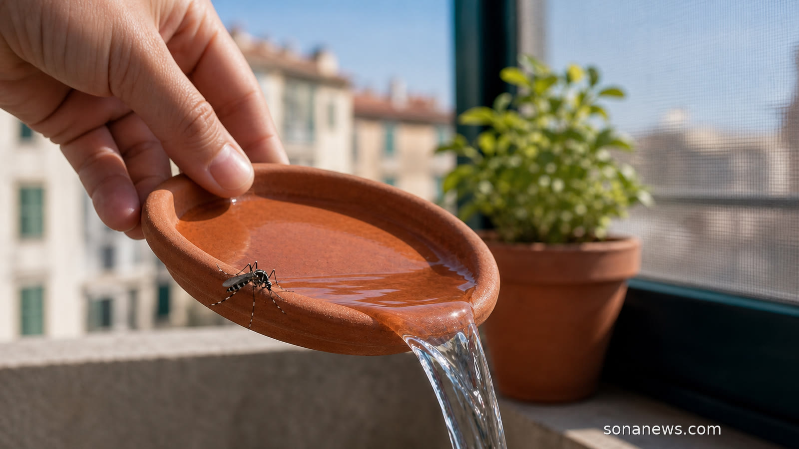 Mano vaciando agua de un plato de maceta junto a un mosquito tigre en un balcón urbano.