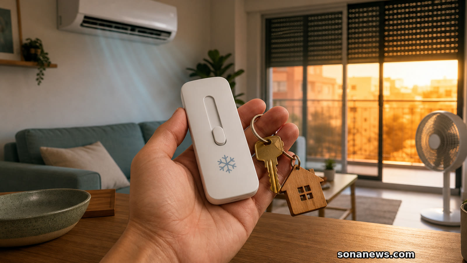 Mano con mando de aire acondicionado y llaves de casa ante un salón con persianas, equipo mural y ventilador.