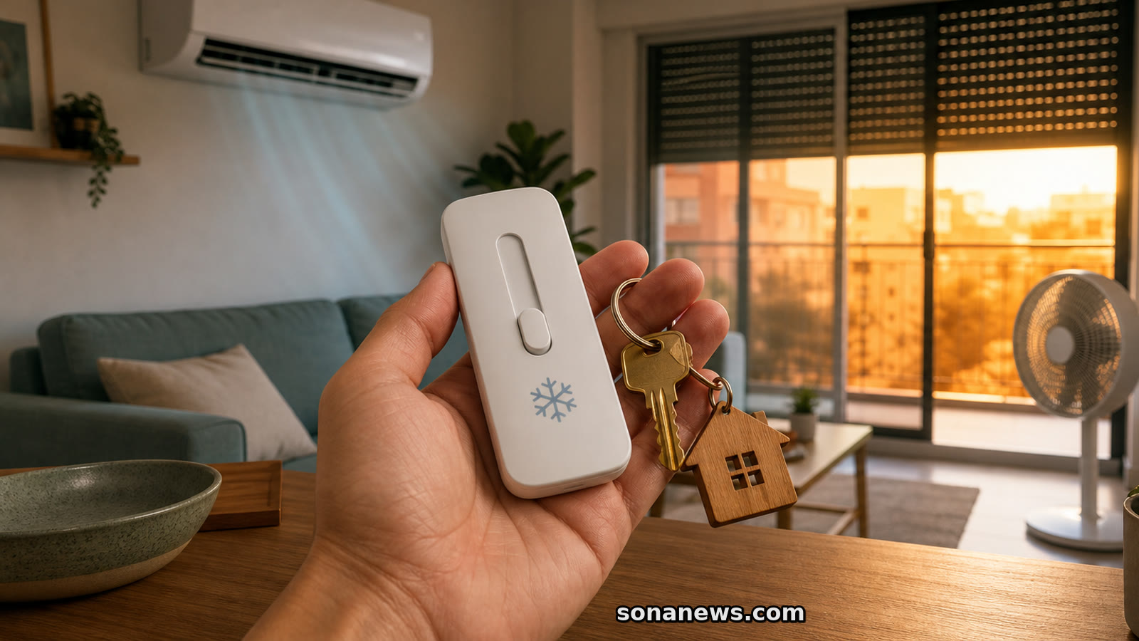 Mano con mando de aire acondicionado y llaves de casa ante un salón con persianas, equipo mural y ventilador.