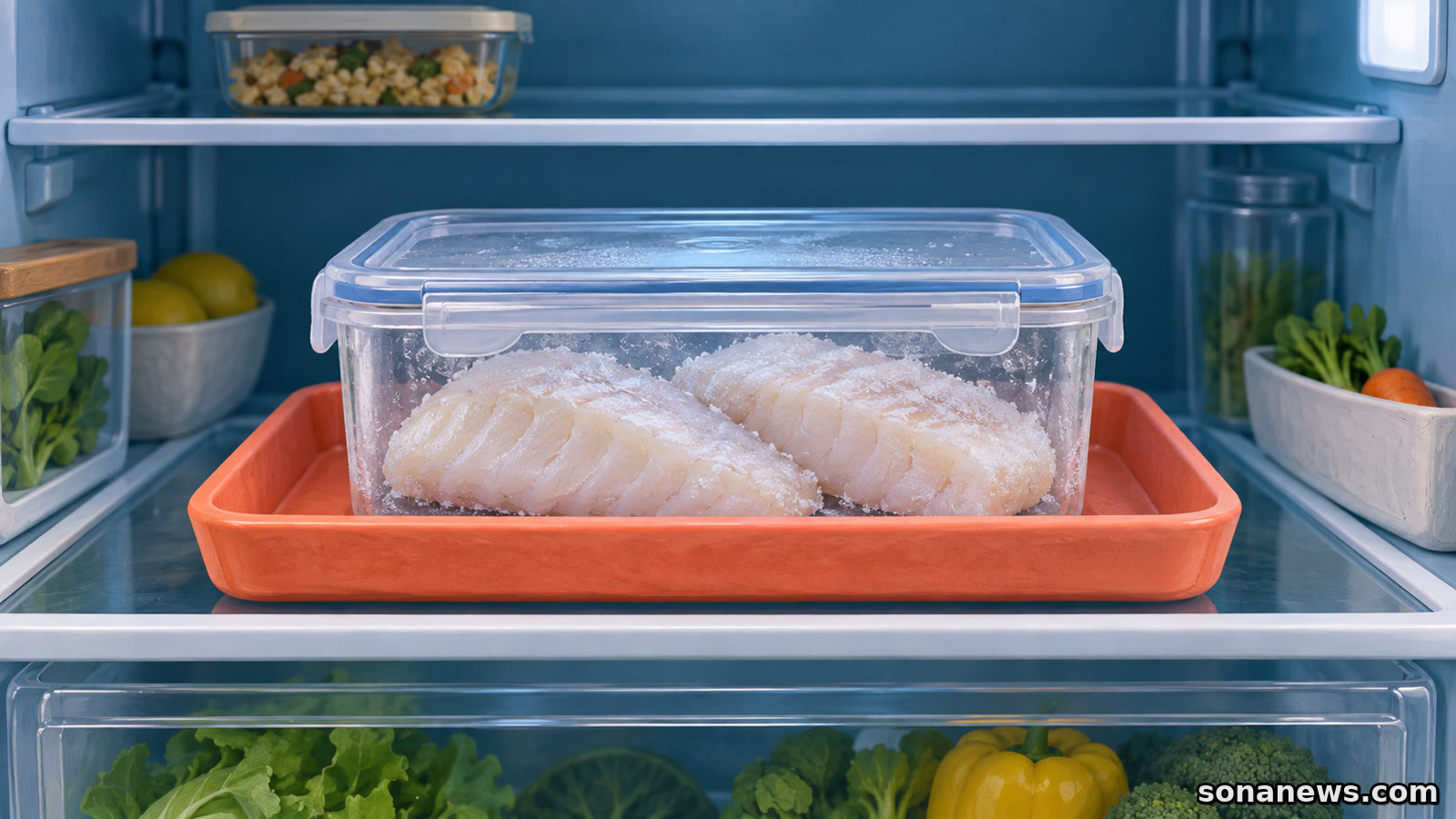 Ilustración de pescado congelado en un recipiente transparente cerrado sobre una bandeja naranja, en un estante inferior de la nevera.