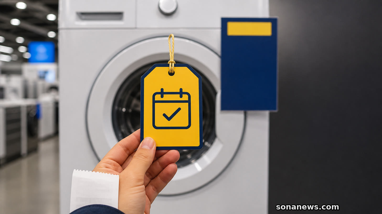 Mano sostiene una etiqueta amarilla de garantía ante una lavadora y un aviso azul separado en una tienda.
