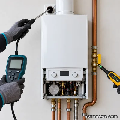 Dos técnicos comprueban una caldera de gas con un analizador de combustión y un detector junto a la tubería.