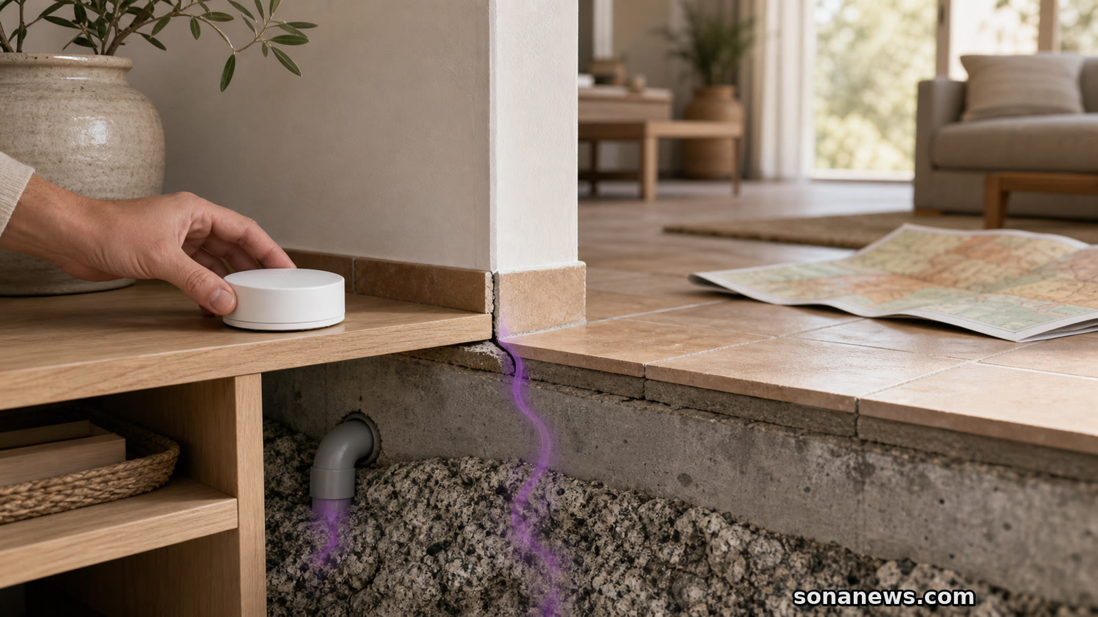 Mano coloca un detector de radón sobre una repisa junto a una sección conceptual del suelo de la vivienda.
