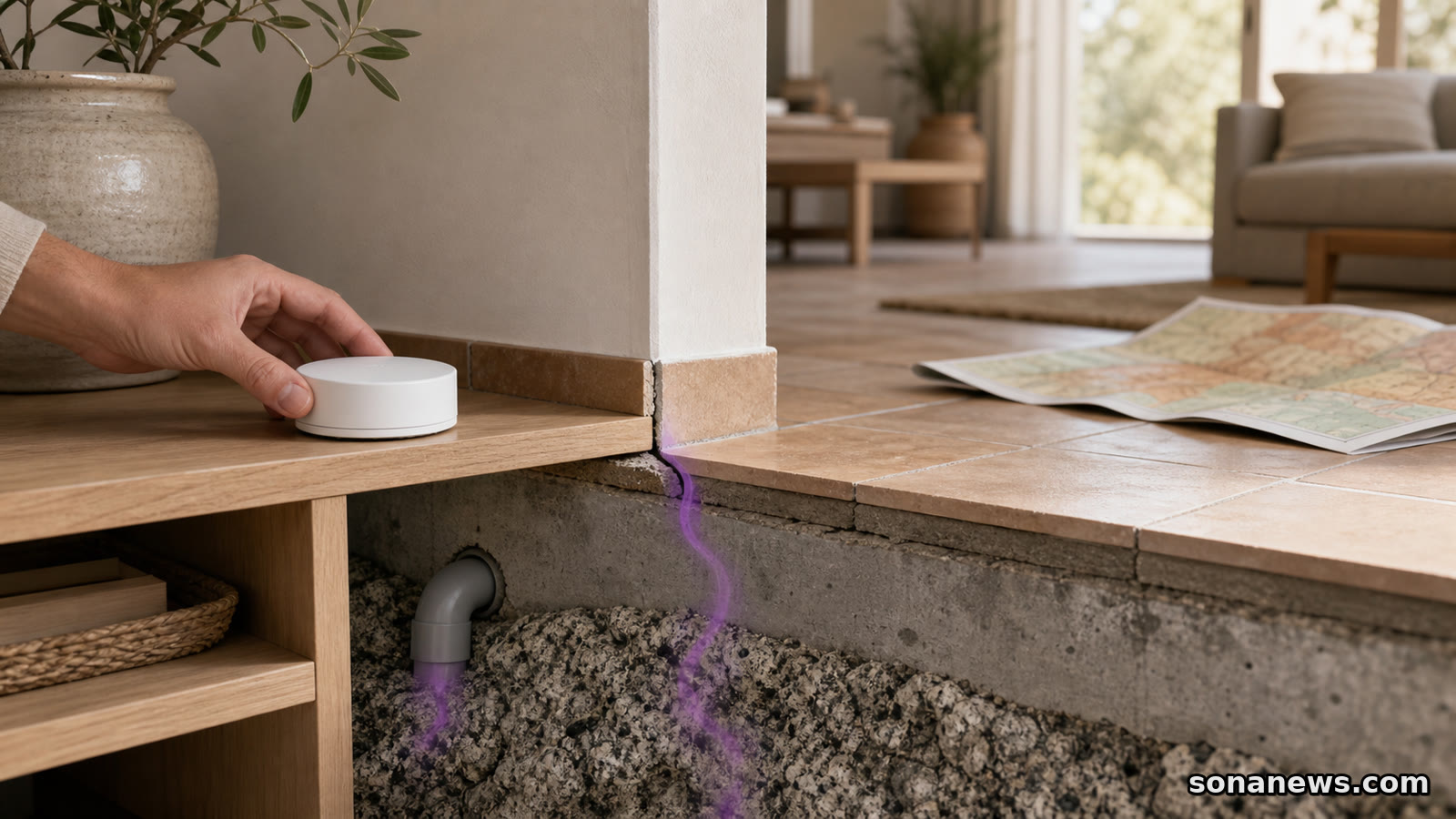 Mano coloca un detector de radón sobre una repisa junto a una sección conceptual del suelo de la vivienda.
