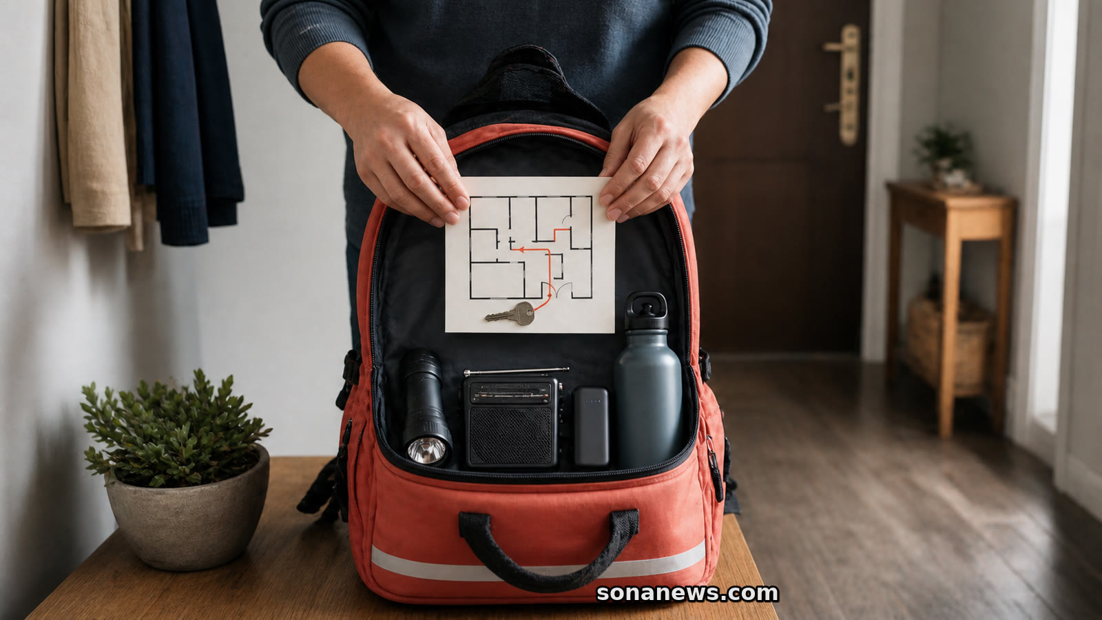Una persona coloca un plano de evacuación y unas llaves en una mochila de emergencia con linterna, radio y agua.