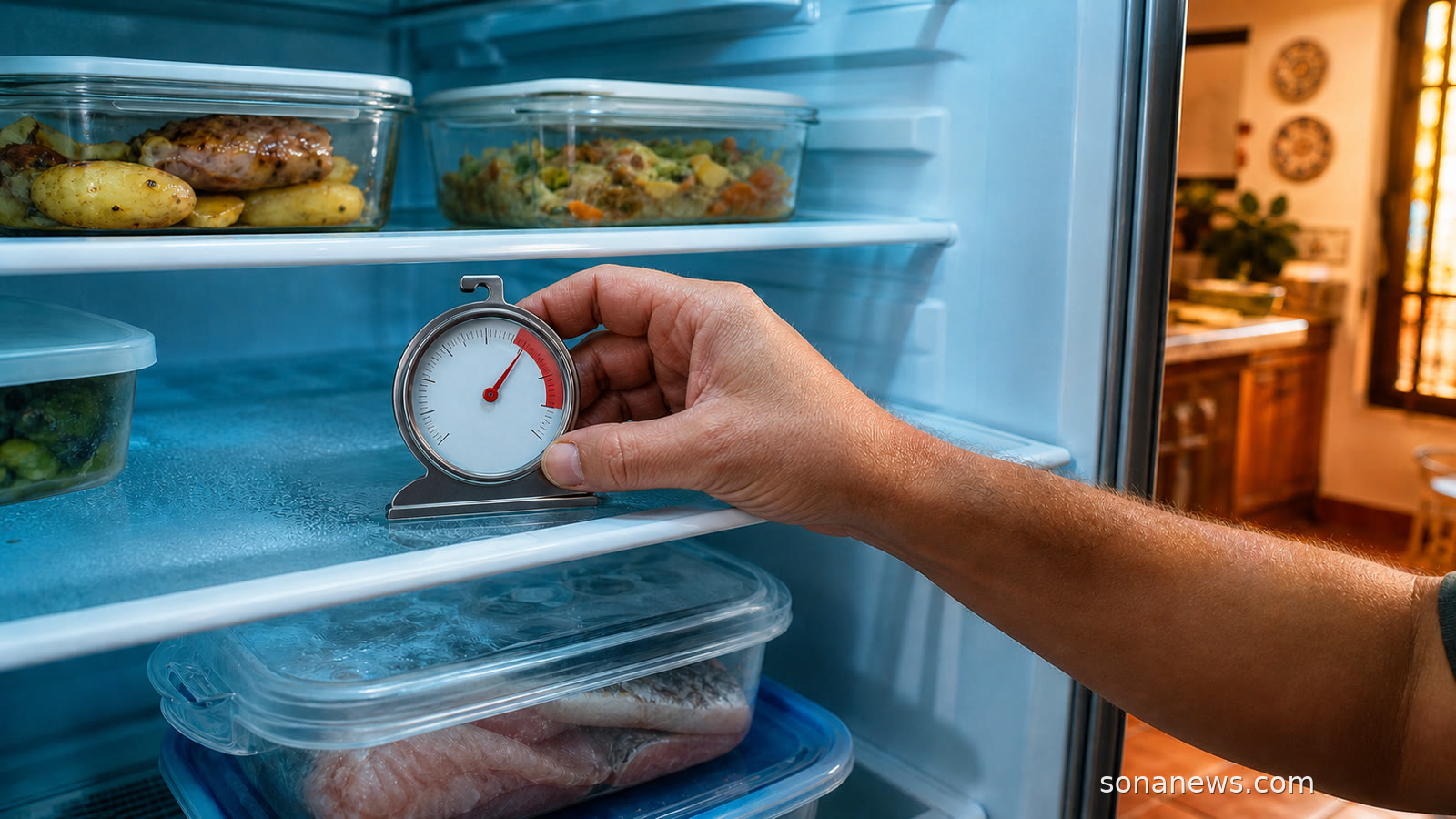 Mano colocando un termómetro analógico dentro de una nevera azulada, con sobras tapadas arriba y alimentos crudos sellados en el estante inferior.