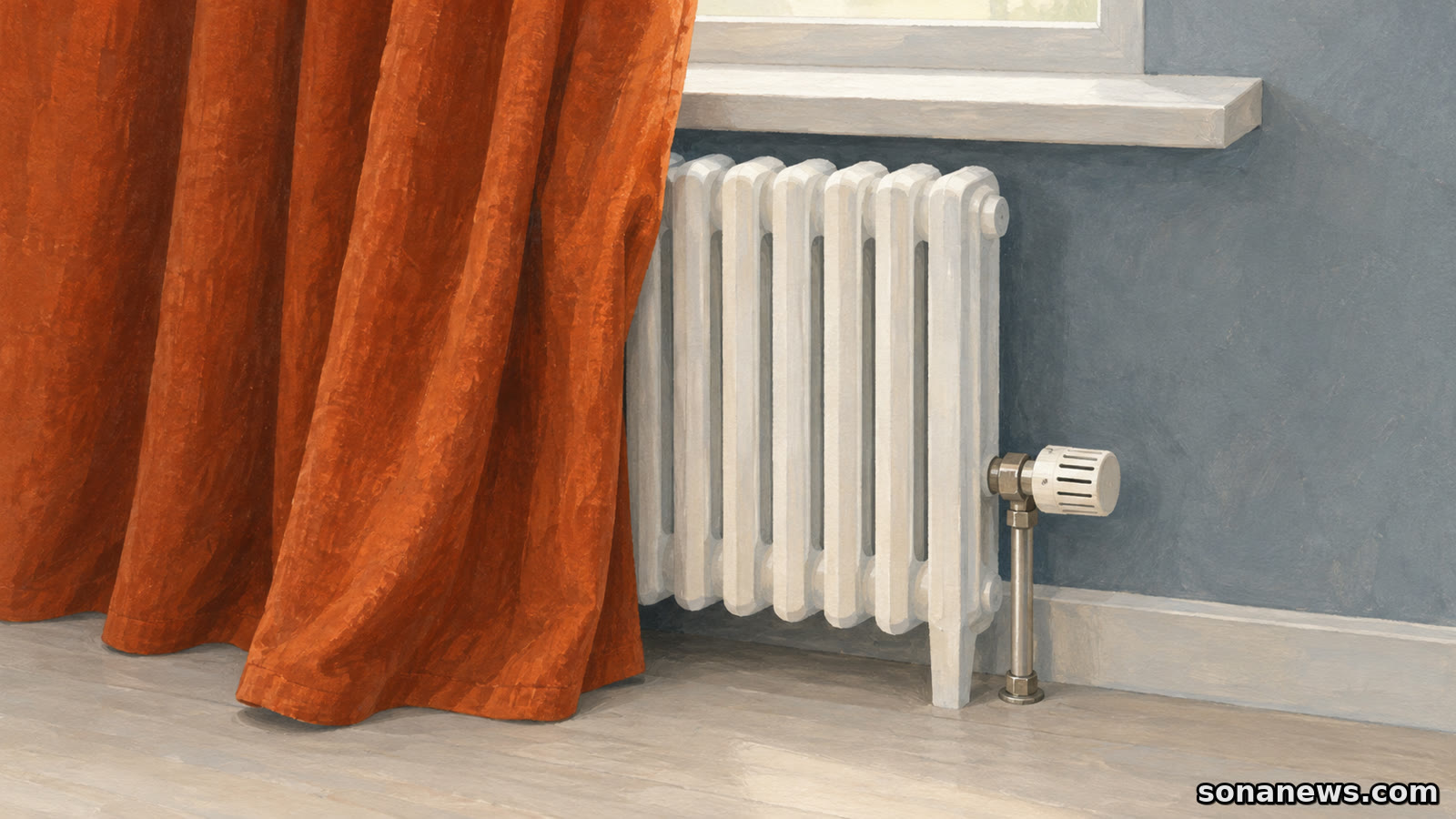 Ilustración de una cortina naranja que cubre parte de un radiador blanco de agua, con su válvula termostática visible al lado.