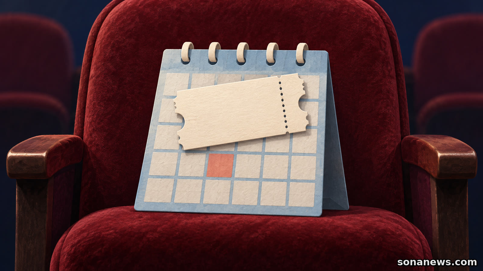 Ilustración de una entrada sin texto sobre un calendario con una casilla coral, apoyados en una butaca de teatro roja.