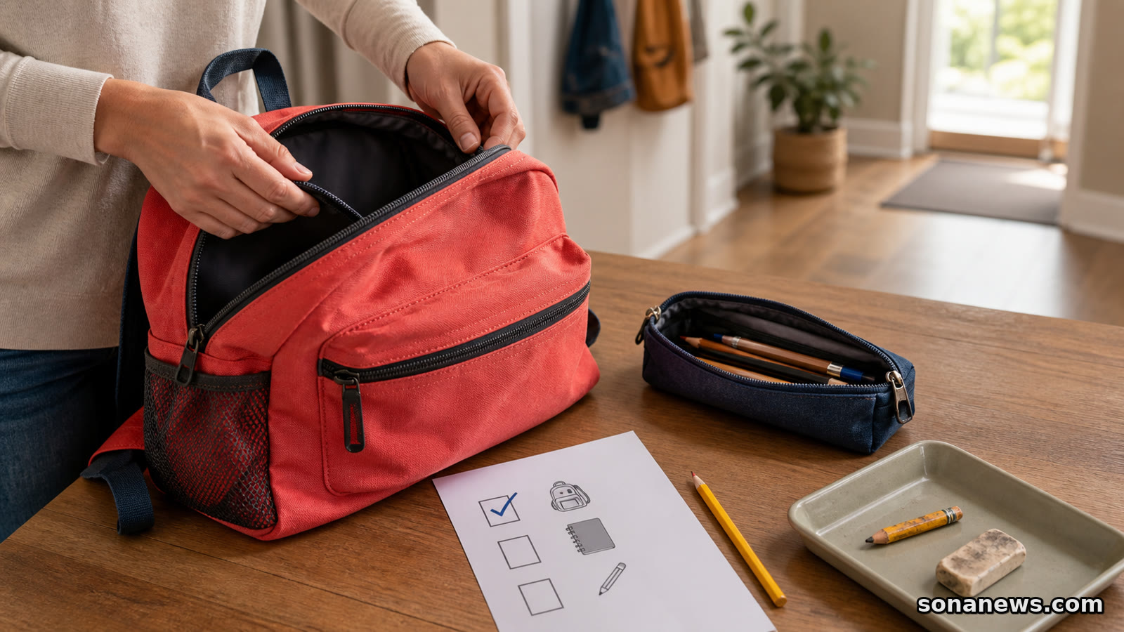Manos revisan una mochila escolar usada junto a un estuche, una lista con iconos y material gastado.