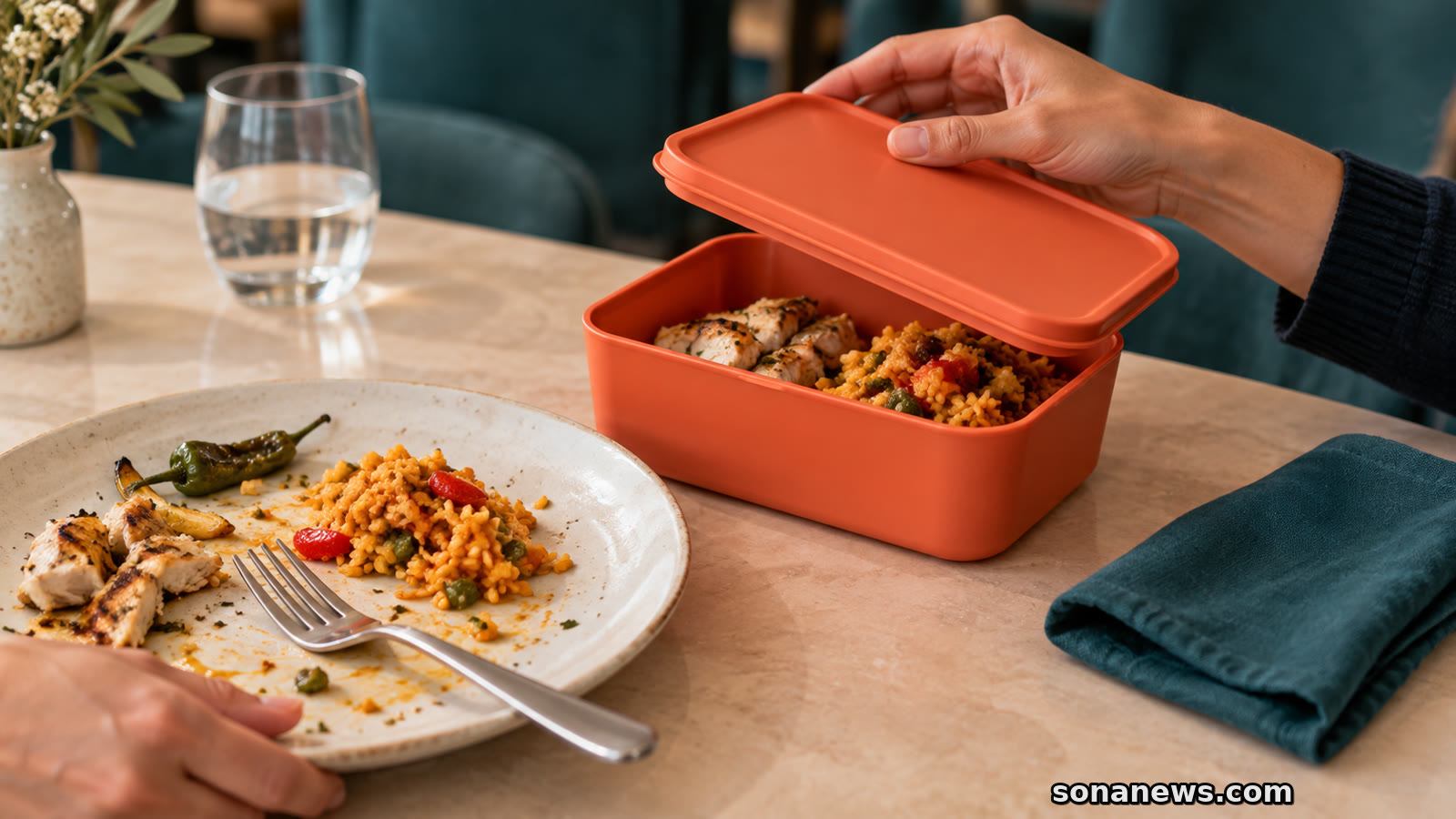 Una mano cierra un recipiente reutilizable coral con sobras junto a un plato usado de restaurante.