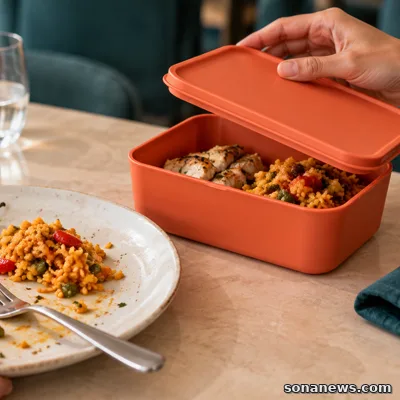 Una mano cierra un recipiente reutilizable coral con sobras junto a un plato usado de restaurante.