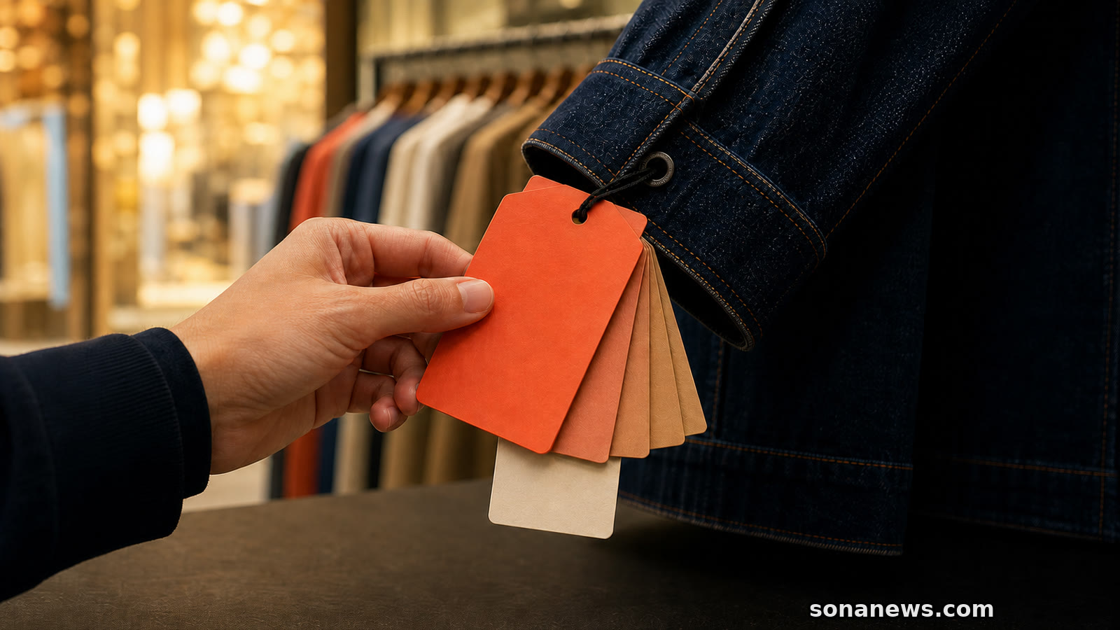 Mano revisando varias etiquetas de precio en una chaqueta vaquera durante las rebajas de verano.