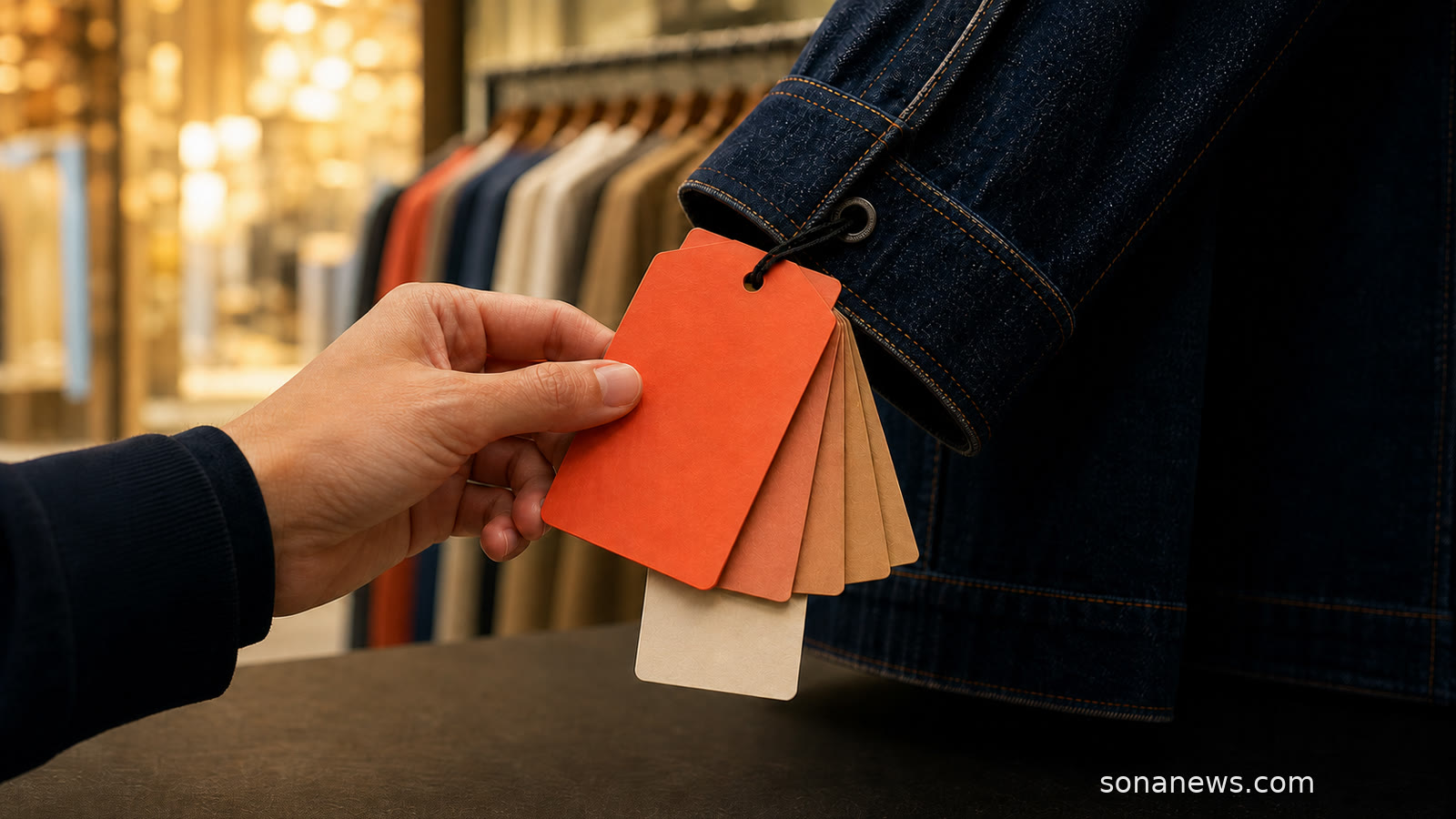 Mano revisando varias etiquetas de precio en una chaqueta vaquera durante las rebajas de verano.