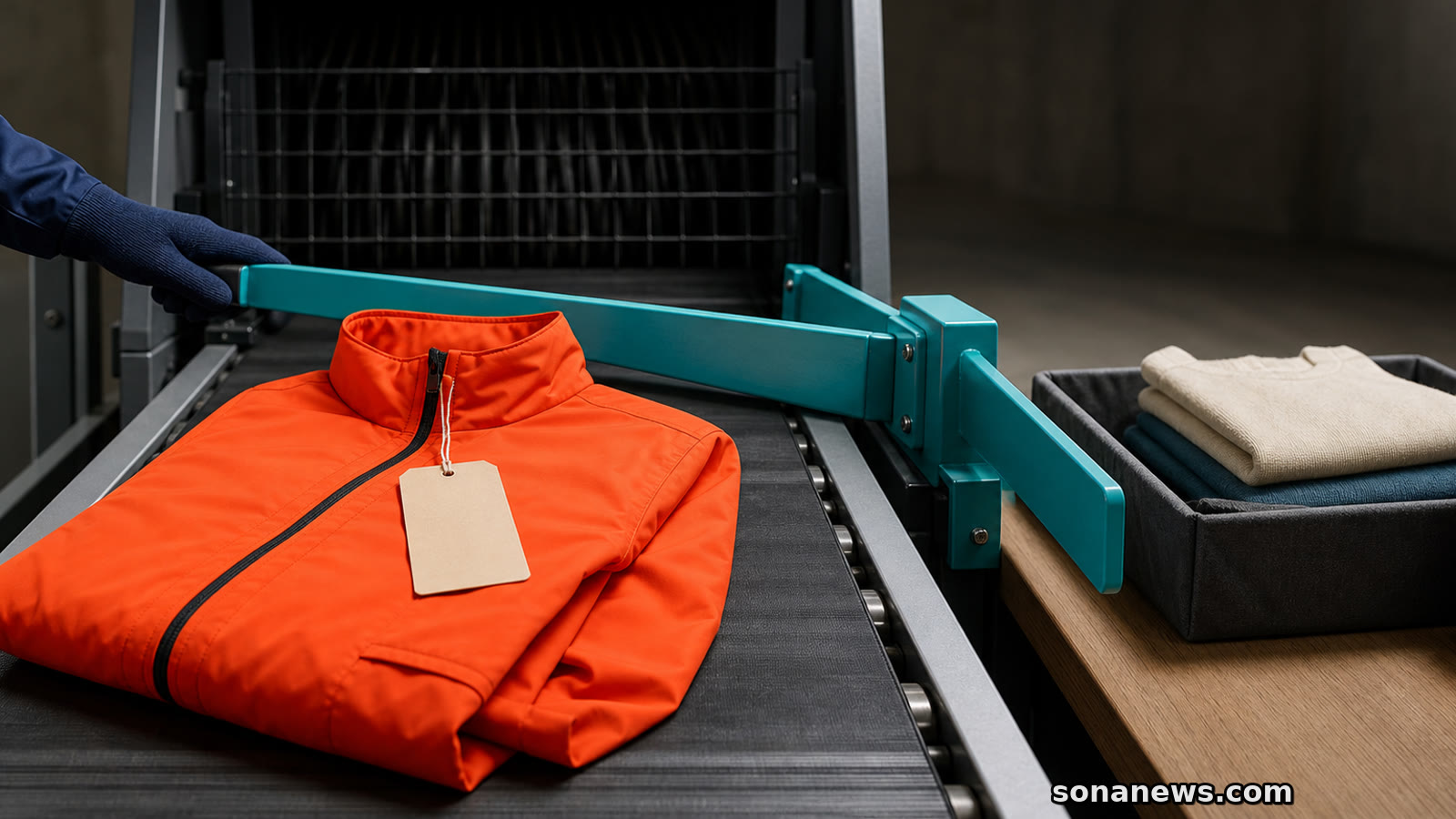 Chaqueta coral sin vender desviada de una trituradora textil hacia una zona de reparación y reutilización.